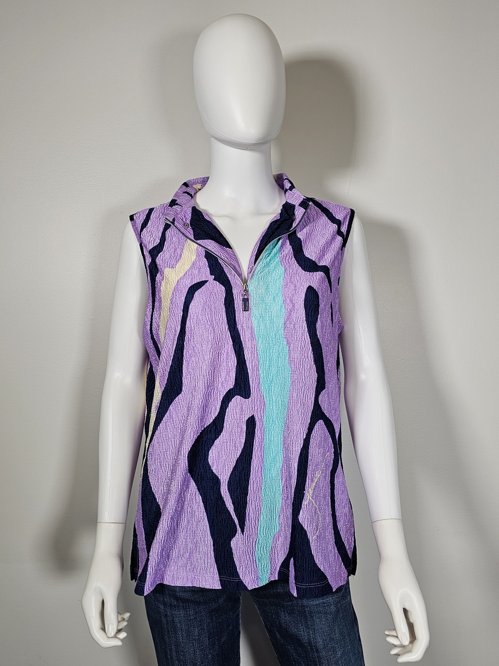 Jamie Sadock Lavender and Aqua Wave-Print Sleeveless Zip Top Sz L